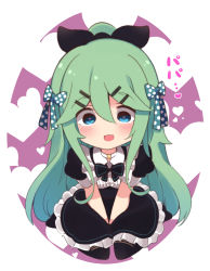 Rule 34 | 1girl, alternate costume, black dress, black ribbon, black thighhighs, blue bow, bow, commentary request, dress, empty eyes, full body, green eyes, green hair, hair between eyes, hair bow, hair ornament, hair ribbon, hairclip, heart, heart-shaped pupils, highres, kantai collection, long hair, looking at viewer, no nose, parted bangs, polka dot, polka dot bow, ponytail, ribbon, seiza, sidelocks, sitting, solo, suzuki toto, symbol-shaped pupils, thighhighs, translation request, two-tone background, white background, yamakaze (kancolle)