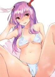 Rule 34 | 1girl, animal ears, asuzemu, bad id, bad twitter id, bare arms, bare shoulders, bikini, blush, breasts, brown eyes, commentary request, foreshortening, hairband, hand in own hair, hand up, long hair, medium breasts, micro bikini, navel, open mouth, purple hair, rabbit ears, reisen udongein inaba, sidelocks, simple background, sitting, solo, stomach, sweat, swimsuit, thighs, touhou, white background, white bikini