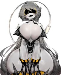 Rule 34 | 1girl, bad id, bad twitter id, black choker, blush, breasts, choker, claws, cleavage, coat, colored skin, drooling, fangs, female focus, glitch productions, grey hair, grey skin, highres, huge breasts, inner sideboob, long hair, looking at viewer, mecha girl, mechanical arms, mechanical tail, murder drones, open mouth, robot, robot girl, smile, tail, teeth, thick thighs, thighhighs, thighs, usa37107692, v (murder drones), very long hair, wide hips, yellow eyes