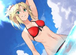 Rule 34 | 1girl, aqua eyes, arm behind head, armpits, bikini, blonde hair, blue sky, breasts, cleavage, cloud, day, fate/apocrypha, fate/grand order, fate (series), from below, grin, in water, looking at viewer, mayuge1017, mordred (fate), mordred (fate) (all), mordred (fate/apocrypha), mordred (swimsuit rider) (fate), mordred (swimsuit rider) (first ascension) (fate), navel, ocean, outdoors, ponytail, red bikini, sky, smile, solo, string bikini, swimsuit, wet