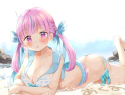 Rule 34 | 1girl, :o, ahoge, ass, bare arms, barefoot, bikini, blue bikini, blue hair, blue ribbon, blue sailor collar, blunt bangs, blush, braid, breasts, butt crack, cleavage, collarbone, colored inner hair, crossed arms, hair ribbon, highres, hololive, large breasts, leg up, long hair, looking at viewer, lying, minato aqua, multicolored hair, on stomach, open mouth, outdoors, pink hair, ribbon, sailor collar, solo, streaked hair, swimsuit, tatsuyoshi (zawahomura), twintails, two-tone hair, virtual youtuber, water, wet