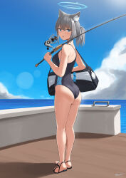 Rule 34 | 1girl, animal ear fluff, animal ears, ass, bag, bare arms, black one-piece swimsuit, blue archive, blue eyes, blue one-piece swimsuit, blue sky, condom, condom packet strip, condom wrapper, day, fishing rod, full body, grey hair, halo, heel up, highres, holding, holding fishing rod, kion-kun, legs, looking at viewer, looking back, mismatched pupils, one-piece swimsuit, open mouth, sandals, shiroko (blue archive), shiroko (swimsuit) (blue archive), sky, solo, standing, swimsuit, toes, two-tone swimsuit, wedgie, wolf ears