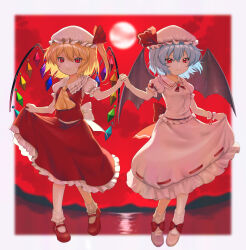 Rule 34 | 2girls, ascot, back bow, bat wings, blonde hair, blue hair, bobby socks, border, bow, breasts, closed mouth, crystal, flandre scarlet, frilled shirt, frilled shirt collar, frilled skirt, frilled sleeves, frills, full body, full moon, hair between eyes, hat, hat ribbon, highres, holding hands, interlocked fingers, kiyosato 0928, light smile, mary janes, medium hair, mob cap, moon, multicolored wings, multiple girls, one side up, outdoors, pink footwear, pink hat, pink shirt, pink skirt, puffy short sleeves, puffy sleeves, red background, red bow, red brooch, red eyes, red footwear, red moon, red ribbon, red skirt, red sky, red vest, remilia scarlet, ribbon, ribbon-trimmed headwear, ribbon-trimmed skirt, ribbon trim, shirt, shoes, short sleeves, siblings, sisters, skirt, skirt hold, skirt set, sky, small breasts, socks, touhou, vest, white border, white bow, white hat, white shirt, white socks, wings, yellow ascot