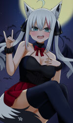 1girl absurdres ahoge animal_ears bat_(animal) black_ribbon black_scrunchie black_thighhighs blue_eyes bow bowtie breasts commentary fox_ears fox_girl fox_shadow_puppet fox_tail full_moon grey_hair hair_ribbon halloween halterneck hand_on_own_chest highres hololive long_hair looking_at_viewer medium_breasts miniskirt moon natsume_mina night open_mouth outdoors pleated_skirt red_bow red_bowtie red_skirt ribbon scrunchie shirakami_fubuki shirt sidelocks sitting skirt sleeveless sleeveless_shirt smile solo star_(symbol) tail thighhighs twintails virtual_youtuber white_hair wrist_scrunchie