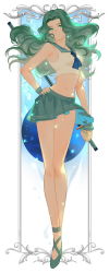 Rule 34 | 1girl, alternate costume, aqua background, bishoujo senshi sailor moon, clothes lift, crop top, crop top overhang, full body, green eyes, green hair, green skirt, hand on own hip, highres, joseph lee, kaiou michiru, long hair, looking at viewer, magical girl, matching hair/eyes, midriff, nail polish, navel, parted lips, pleated skirt, sailor collar, sailor neptune, shoes, skirt, skirt lift, smile, solo, sword, weapon, wind, wind lift, wrist cuffs