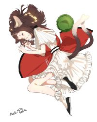 Rule 34 | 1girl, animal ear fluff, animal ears, black footwear, bobby socks, brown hair, cat ears, cat girl, chen, closed eyes, dress, foul detective satori, full body, green hat, hair spread out, hat, highres, long hair, lying, maitenn03, mob cap, multiple tails, on side, open mouth, red dress, short sleeves, simple background, sleeping, socks, solo, tail, touhou, two tails, unworn hat, unworn headwear, white background, white socks, wide sleeves