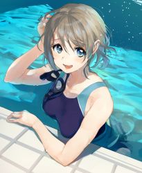 Rule 34 | 10s, 1girl, bad id, bad twitter id, blue eyes, blue one-piece swimsuit, blush, breasts, brown hair, competition swimsuit, goggles, unworn goggles, highres, large breasts, looking at viewer, love live!, love live! sunshine!!, object in clothes, object in swimsuit, onbr, one-piece swimsuit, open mouth, partially submerged, pool, poolside, short hair, smile, solo, swimsuit, watanabe you
