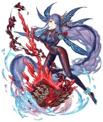 Rule 34 | 1girl, absurdly long hair, anklet, aqua eyes, bodysuit, book, bracelet, breasts, crystal, earrings, fins, frown, full body, jewelry, ji no, large breasts, long hair, looking at viewer, ningyo hime (sinoalice), official art, purple hair, sad, shiny clothes, sinoalice, skin tight, smoke, solo, transparent background, very long hair, water