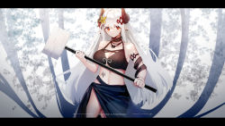 Rule 34 | 1girl, arknights, bare shoulders, bikini, black bikini, black choker, breasts, choker, cleavage, cowboy shot, flower, hair flower, hair ornament, hammer, highres, holding, holding hammer, holding weapon, horns, infection monitor (arknights), jewelry, ksartworks, large breasts, letterboxed, long hair, material growth, mudrock (arknights), mudrock (silent night) (arknights), navel, necklace, official alternate costume, oripathy lesion (arknights), pointy ears, red eyes, sarong, silver hair, solo, standing, stomach, swimsuit, very long hair, weapon, yellow flower
