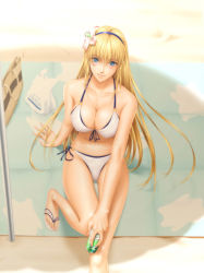 Rule 34 | 1girl, arm support, artist name, bag, bare shoulders, bikini, blonde hair, blue eyes, blush, breasts, can, cleavage, collarbone, female focus, flower, front-tie top, hair flower, hair ornament, hairband, holding, long hair, looking at viewer, outdoors, sandals, shade, sharon, side-tie bikini bottom, sitting, smile, solo, swimsuit, takatan, very long hair, white bikini, words worth