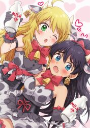 Rule 34 | 2girls, ahoge, animal ears, animal print, antenna hair, armband, bare shoulders, bell, black armband, black corset, black gloves, black hair, blonde hair, blue eyes, blush, bottle, bow, bowtie, breasts, cleavage, corset, cow ears, cow girl, cow horns, cow print, cow tail, cowbell, cowboy shot, detached collar, dress, dutch angle, ear tag, earrings, elbow gloves, fake animal ears, fake horns, fake tail, fang, flying sweatdrops, ganaha hibiki, gloves, green eyes, hair bow, hair ribbon, hand up, heart, heart background, hiiringu, holding, holding bottle, horns, hoshii miki, idolmaster, idolmaster (classic), idolmaster million live!, idolmaster million live! theater days, jewelry, long hair, looking at viewer, medium breasts, milk bottle, multiple girls, neck bell, one eye closed, open mouth, ponytail, print dress, red bow, red bowtie, red ribbon, ribbon, shy, skin fang, sleeveless, sleeveless dress, smile, standing, tail, tail ornament, tail ribbon, two-tone background