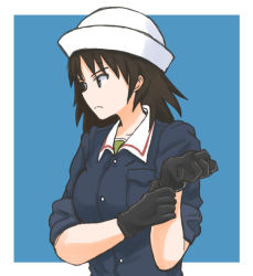 Rule 34 | black eyes, black gloves, black hair, blue background, blue jacket, closed mouth, commentary, dixie cup hat, frown, girls und panzer, glove pull, gloves, green shirt, hat, jacket, long hair, long sleeves, looking to the side, military, military hat, military uniform, murakami (girls und panzer), mutsu (layergreen), one-hour drawing challenge, ooarai military uniform, outside border, shirt, sleeves rolled up, solo, uniform, upper body, white hat