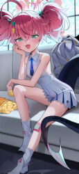 Rule 34 | 1girl, absurdres, ahoge, arm support, bandaid, bandaid on knee, bandaid on leg, bare arms, bare shoulders, blue archive, blue necktie, blush, breasts, buttons, chestnut mouth, chips (food), commentary request, couch, covered navel, dienot0, double-breasted, dragon tail, food, green eyes, green nails, halo, high-waist skirt, highres, horns, huge ahoge, jacket, unworn jacket, knee up, legs, looking at viewer, medium hair, miniskirt, momoka (blue archive), nail polish, narrowed eyes, necktie, on couch, open mouth, pink hair, pleated skirt, potato chips, shirt, short necktie, short twintails, sitting, skirt, sleeveless, sleeveless shirt, small breasts, smile, socks, solo, tail, thighs, twintails, white footwear, white shirt, white socks