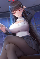 Rule 34 | 1girl, black hair, black jacket, black pantyhose, black skirt, blue archive, breasts, cleavage, cleavage cutout, closed mouth, clothing cutout, crossed legs, hair ornament, halo, hand in own hair, hand up, highres, holding, jacket, large breasts, long sleeves, looking at viewer, melopun, open clothes, open jacket, pantyhose, red eyes, rio (blue archive), shirt, shirt tucked in, sitting, skirt, solo, turtleneck, white shirt