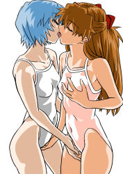 Rule 34 | 2girls, absurdres, ayanami rei, blue hair, breasts, brown hair, covered navel, expressionless, eywy4324, fingering, french kiss, grabbing, grabbing own breast, hair between eyes, hair ornament, highleg, highleg swimsuit, highres, kiss, long hair, looking at another, medium breasts, multiple girls, mutual fingering, mutual masturbation, neon genesis evangelion, one-piece swimsuit, pink one-piece swimsuit, red eyes, short hair, simple background, skin tight, souryuu asuka langley, standing, swimsuit, two side up, white background, white one-piece swimsuit, yuri