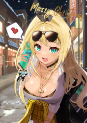Rule 34 | 1girl, absurdres, amesuku gyaru, blonde hair, blush, breasts, cellphone, christmas, cleavage, collared shirt, eyewear on head, fang, goddess of victory: nikke, green eyes, gyaru, heart, highres, holding, holding phone, jewelry, kogal, large breasts, long hair, looking at viewer, necklace, open mouth, outdoors, phone, rou bao mao-gravity5, rupee (nikke), shirt, skirt, sky, smartphone, smile, solo, speech bubble, sunglasses, white shirt
