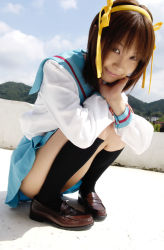 Rule 34 | 1girl, black socks, cosplay, cosplay photo, hand on own chin, kneehighs, misa kikouden, photo (medium), socks, solo, suzumiya haruhi, suzumiya haruhi no yuuutsu