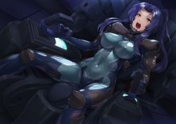 Rule 34 | 1girl, blue bodysuit, bodysuit, breasts, cockpit, covered erect nipples, covered navel, fortified suit, hair intakes, highres, kurione (zassou), long hair, muv-luv, muv-luv alternative, open mouth, original, pilot suit, ponytail, purple hair, sidelocks, sitting, solo, teeth, yellow eyes
