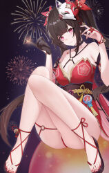 Rule 34 | 1girl, absurdres, ass, bare shoulders, bell, black choker, bow, breasts, brown hair, choker, cleavage, dress, fireworks, fox mask, gloves, hair bow, highres, honkai: star rail, honkai (series), karsa, large breasts, long hair, looking at viewer, mask, mask on head, medium breasts, neck bell, open mouth, pink eyes, red bow, red dress, sleeveless, smile, solo, sparkle (honkai: star rail), thighs, toes, twintails