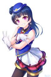 Rule 34 | 1girl, artist name, ascot, black pantyhose, blue hair, commentary request, cowboy shot, crossed arms, earrings, gloves, grin, hair bun, happy party train, hat, jewelry, key, long hair, looking at viewer, love live!, love live! sunshine!!, marshall (wahooo), pantyhose, purple eyes, red ascot, shorts, shorts under skirt, side bun, simple background, single side bun, skirt, sleeveless, smile, solo, tsushima yoshiko, vest, w, white background, white gloves