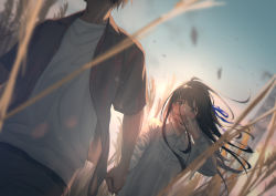 Rule 34 | 1boy, 1girl, absurdres, black hair, blue ribbon, blue sky, blurry, blurry background, blurry foreground, dress, hair ribbon, hand up, highres, holding hands, long hair, long sleeves, macaronk, original, outdoors, ribbon, sky, standing, sunlight, wheat field, white dress, white hair
