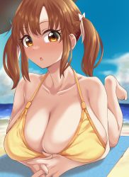 Rule 34 | 1girl, :o, absurdres, beach, bikini, blue sky, blush, breasts, brown hair, cleavage, collarbone, full-face blush, heel up, highres, huge breasts, idolmaster, idolmaster cinderella girls, interlocked fingers, looking at viewer, lying, mat, mukae gou, on stomach, outdoors, own hands together, sky, solo, swimsuit, totoki airi, twintails, yellow bikini