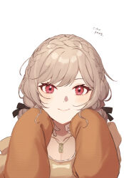 Rule 34 | 1girl, black bow, blush, bow, braid, breasts, brown hair, brown shirt, cleavage, collarbone, french braid, furen e lustario, hair bow, hand on own chin, highres, jacket, jewelry, looking at viewer, medium breasts, necklace, nijisanji, official alternate costume, official alternate hairstyle, orange jacket, parted bangs, pendant, red eyes, ryou (rl), shirt, sidelocks, smile, solo, swept bangs, upper body, virtual youtuber
