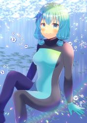 Rule 34 | 1girl, air bubble, animal, black bodysuit, bodysuit, breasts, bubble, closed mouth, commentary request, commission, day, diving suit, feet out of frame, fish, gloves, green bodysuit, green eyes, green gloves, green hair, hair between eyes, kou hiyoyo, looking at viewer, medium breasts, original, outdoors, school of fish, skeb commission, smile, solo, underwater, water, wetsuit
