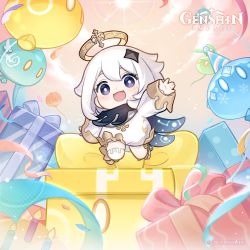 Rule 34 | 1girl, blush, box, chibi, cloud, commentary, confetti, dress, english commentary, genshin impact, gift, gift box, hair ornament, halo, highres, logo, long hair, long sleeves, looking at viewer, official art, open mouth, paimon (genshin impact), pink sky, purple eyes, scarf, single thighhigh, sky, slime (genshin impact), streamers, thighhighs, white dress, white hair, white thighhighs
