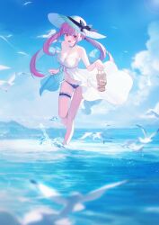 1girl absurdres alternate_costume bare_shoulders barefoot bird breasts cleavage dress hat highres holding holding_sandals hololive jiang_ye_kiri large_breasts long_hair looking_at_viewer minato_aqua ocean open_clothes open_dress open_mouth purple_eyes purple_hair sandals seagull sky solo swimsuit thigh_strap twintails virtual_youtuber