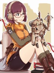 Rule 34 | 1990s (style), 1girl, antennae, ass, backpack, bag, bike shorts, blue eyes, book, boots, bow (weapon), cable, capsule corp, chrono (series), chrono trigger, crossbow, dragon ball, fanny pack, fingerless gloves, glasses, gloves, headphones, headset, ina (gokihoihoi), knees up, lucca ashtear, minimized, patch, purple hair, randoseru, retro artstyle, robo (chrono trigger), robot, scarf, short hair, sitting, smile, socks, spandex, steam, weapon