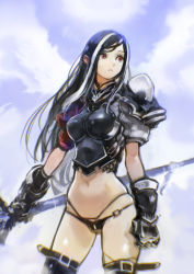 Rule 34 | 1girl, absurdres, armor, bikini armor, black hair, breastplate, gauntlets, highres, holding, holding weapon, long hair, navel, okuto, original, red eyes, solo, thighhighs, weapon, white hair