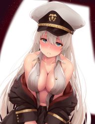 Rule 34 | 1girl, azur lane, blue eyes, blush, breasts, cleavage, coat, collarbone, collared shirt, cowboy shot, embarrassed, enterprise (azur lane), frown, hair between eyes, hat, highres, large breasts, long hair, long sleeves, looking at viewer, military hat, navel, off shoulder, peaked cap, shirt, silver hair, skirt, sleeveless, sleeveless shirt, solo, straight hair, takurowo, unbuttoned, unbuttoned shirt, white hat, white shirt