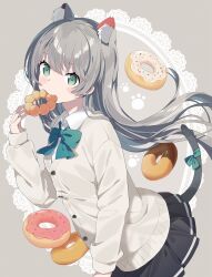 Rule 34 | 1girl, animal ear fluff, animal ears, black skirt, blush, bow, bowtie, buttons, cardigan, cat ears, cat tail, collared shirt, commentary request, doily, doughnut, food, green bow, green bowtie, green eyes, grey background, grey cardigan, grey hair, highres, long hair, long sleeves, mouth hold, original, pleated skirt, shirt, skirt, solo, tail, tantan men (dragon), white shirt