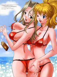 Rule 34 | 2girls, absurdres, ass, ass grab, banpresto, beach, bikini, blonde hair, blue eyes, breasts, day, excellen browning, grabbing, grabbing another&#039;s ass, grabbing another&#039;s breast, green eyes, green hair, groping, hand on own ass, highres, lamia loveless, large breasts, long hair, lotion, mercy rabbit, multiple girls, one eye closed, outdoors, ponytail, smile, super robot wars, swimsuit, wink, yuri