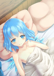 Rule 34 | 1girl, armpits, bed sheet, blue eyes, blue hair, blush, cirno, commentary request, hand on own chest, hand on own shoulder, indoors, kirimori toya, looking at viewer, lying, matching hair/eyes, naked sheet, on back, on bed, pillow, short hair, smile, solo, touhou, under covers, wings