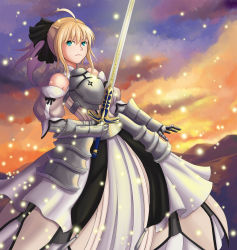 Rule 34 | 1girl, ahoge, armor, armored dress, artoria pendragon (fate), blonde hair, caliburn (fate), cloud, detached sleeves, fate/stay night, fate/unlimited codes, fate (series), green eyes, hair ribbon, highres, mountain, ponytail, ribbon, saber (fate), saber lily, sky, solo, sword, weapon, willgoon