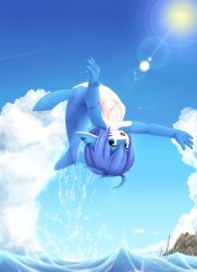Rule 34 | 1girl, blue hair, blue skin, borrowed character, breasts, colored skin, day, female focus, furry, furry female, highres, jumping, mermaid, monster girl, no nipples, original, outdoors, short hair, sinelesh, small breasts, solo, upside-down, water