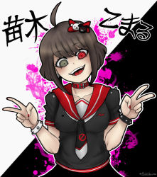 Rule 34 | 1girl, ahoge, alternate costume, alternate eye color, animal collar, bear hair ornament, black background, black shirt, black skirt, black wristband, blood, blood splatter, bloody background, blush, bow, breasts, brown hair, choker, collar, collar choker, collarbone, danganronpa (series), danganronpa another episode: ultra despair girls, despair, double v, ears, eyelashes, fake nails, female focus, fingernails, green eyes, hair bow, hair ornament, hands up, japanese text, looking at viewer, lower teeth only, medium breasts, medium hair, multicolored background, multicolored clothes, multicolored eyes, multicolored scarf, multicolored shirt, naegi komaru, nail polish, open mouth, palms, pink background, pink blood, red bow, red choker, red collar, red eyes, red nails, red trim, sailor collar, scarf, shiny skin, shirt, skirt, smile, solo, soloazume (deviantart), spiked wristband, spiked wristbands, split, standing, teeth, tongue, upper body, upper teeth only, v, white background, white stripes, white wrist cuffs, wrist cuffs, wristband