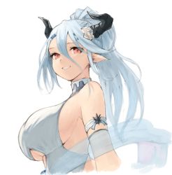 Rule 34 | 1girl, bad id, bad twitter id, bare shoulders, blue hair, breasts, draph, flower, from side, granblue fantasy, hair between eyes, hair flower, hair ornament, highres, horns, izmir, koretsuki azuma, large breasts, long hair, looking at viewer, looking to the side, parted lips, pointy ears, ponytail, red eyes, shawl, sideboob, smile, solo, underboob, upper body