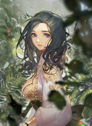 Rule 34 | 1girl, black hair, blade &amp; soul, blurry, blurry foreground, breasts, cleavage, commentary, from side, japanese clothes, kimono, long sleeves, looking at viewer, medium breasts, mole, mole under eye, outdoors, plant, purple eyes, smile, solo, songjikyo, upper body