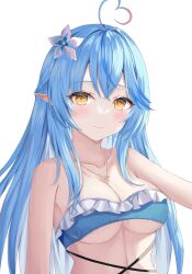 Rule 34 | 1girl, ahoge, alternate costume, bare arms, bare shoulders, bikini, blue hair, blush, braid, breasts, cleavage, closed mouth, colored tips, crossed bangs, double-parted bangs, flower, frilled bikini, frilled bikini top, frills, hair between eyes, hair flower, hair ornament, half updo, heart, heart ahoge, highres, holofive, hololive, jewelry, large breasts, long hair, looking at viewer, multicolored hair, necklace, pointy ears, smile, solo, strapless, strapless bikini, streaked hair, suunyanko, swimsuit, underboob, very long hair, virtual youtuber, yellow eyes, yukihana lamy