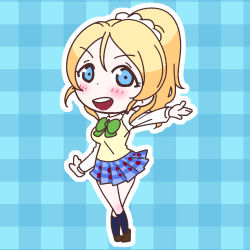 Rule 34 | 10s, 1girl, ayase eli, blazer, blonde hair, blouse, blue background, blue eyes, blue legwear, bow, bowtie, brown footwear, chibi, crossed legs, green bow, grin, jacket, karaagetarou, love live!, love live! school idol project, outline, outstretched hand, plaid, plaid background, plaid skirt, pleated skirt, ponytail, scrunchie, shirt, shoes, skirt, smile, solo, white outline, white shirt