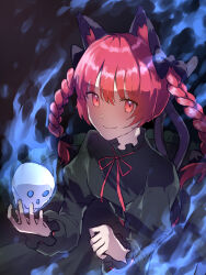Rule 34 | 1girl, animal ear fluff, animal ears, black background, black dress, blue eyes, blue fire, braid, cat ears, cat tail, chocomin1234, dress, fire, ghost, green dress, highres, hitodama, holding, holding skull, kaenbyou rin, long sleeves, looking at viewer, multiple tails, puffy long sleeves, puffy sleeves, red eyes, red hair, skull, smile, sparks, tail, touhou, twin braids, two tails