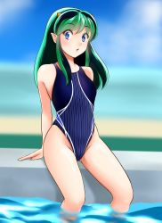 Rule 34 | 1girl, absurdres, arm support, blue eyes, blue one-piece swimsuit, commentary request, competition swimsuit, cone horns, day, green hair, highres, horns, long hair, looking at viewer, lum, nanao futaba, one-piece swimsuit, outdoors, parted lips, pointy ears, pool, poolside, sitting, soaking feet, solo, swimsuit, urusei yatsura, water
