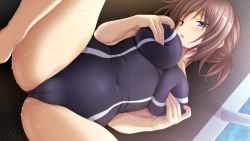 Rule 34 | 1girl, aoi tori (purple software), blue eyes, blush, grabbing another&#039;s breast, breasts, brown hair, cleft of venus, competition swimsuit, covered navel, game cg, grabbing, koku, large breasts, looking at viewer, lying, official art, on back, one-piece swimsuit, open mouth, ponytail, poolside, short hair, solo, spread legs, swimsuit, umino akari, wet