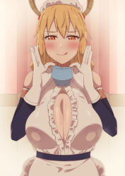 Rule 34 | 1girl, apron, black apron, blonde hair, blush, breasts, breasts out, choco monaka, clothes grab, dragon horns, female focus, gloves, headband, highres, horns, kobayashi-san chi no maidragon, large breasts, long hair, looking at viewer, maid, maid headdress, nipples, red eyes, simple background, smile, solo, tohru (maidragon), tongue, tongue out, white background, white gloves