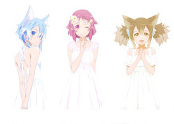 Rule 34 | 3girls, :d, ;d, absurdres, animal ears, arm behind back, arms behind back, blue eyes, blue hair, brown eyes, brown hair, cat ears, collarbone, dress, finger to mouth, flower, hair between eyes, hair flower, hair ornament, highres, index finger raised, lisbeth (sao-alo), long hair, looking back, multiple girls, one eye closed, open mouth, own hands together, parted lips, pink hair, red eyes, short hair with long locks, short sleeves, sidelocks, silica, silica (sao-alo), simple background, sinon (sao-alo), sleeveless, sleeveless dress, smile, standing, sword art online, white background, white dress