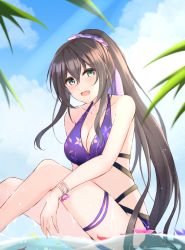 Rule 34 | 1girl, 7-mzk, :d, aqua eyes, assault lily, bare shoulders, bikini, blue sky, blurry, blurry foreground, breasts, brown hair, cleavage, cloud, collarbone, commentary request, day, feet out of frame, floral print, hair between eyes, hair ornament, hair scrunchie, highres, knees up, long hair, looking at viewer, medium breasts, multi-strapped bikini, official alternate costume, open mouth, outdoors, partially submerged, partially underwater shot, petals, petals on liquid, pink hair, ponytail, print bikini, purple bikini, purple scrunchie, scrunchie, serizawa chikaru, shallow water, sidelocks, sitting, sky, smile, solo, sun, swimsuit, thigh strap, very long hair, water, wet, wrist flower, wristband