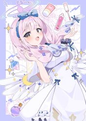 Rule 34 | 1girl, angel wings, black hairband, black scrunchie, blue archive, blush, breasts, capelet, crescent, crescent pin, dress, feathered wings, hairband, halo, highres, large breasts, long hair, looking at viewer, mika (blue archive), open mouth, pink hair, pink halo, scrunchie, smile, solo, sparkle, tsushima shigure, white capelet, white dress, white wings, wings, wrist scrunchie, yellow eyes